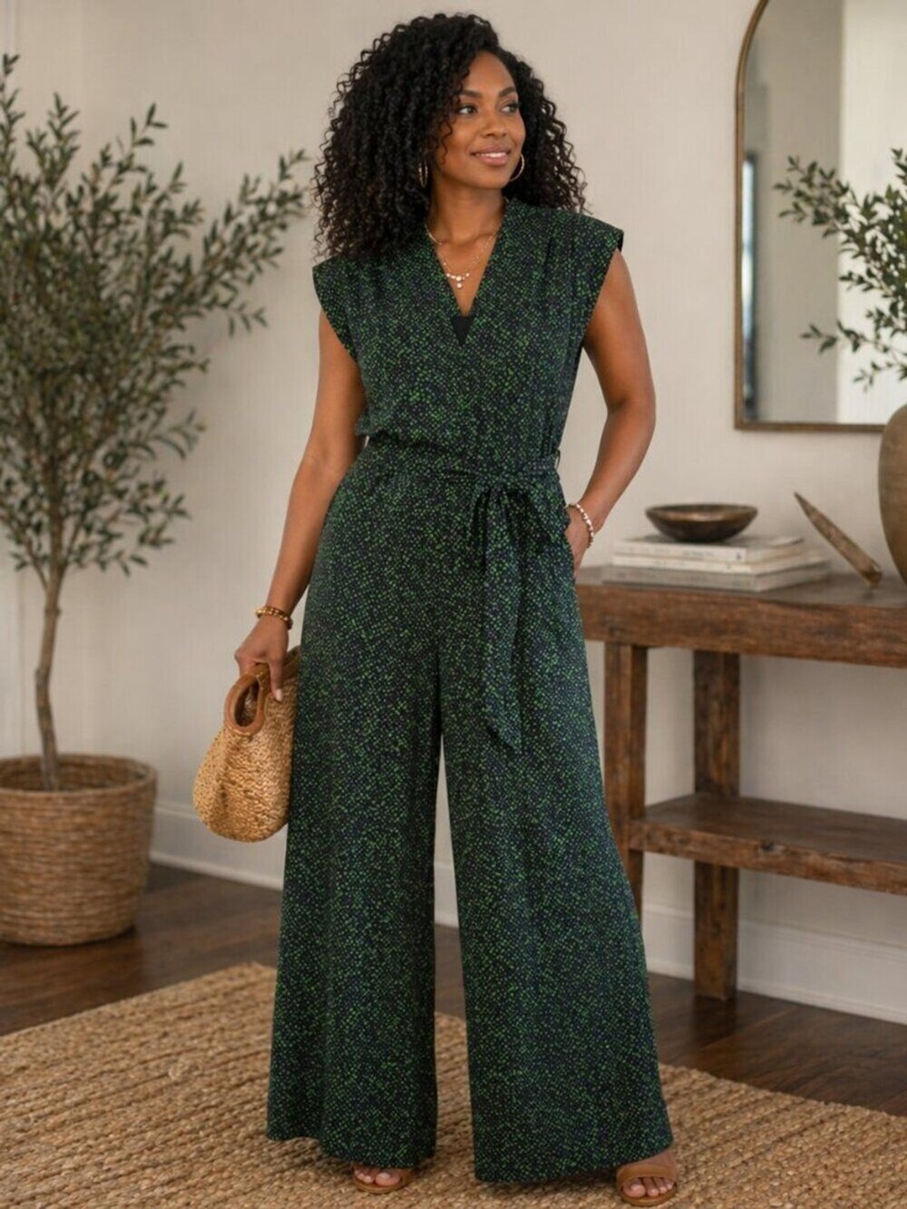Green Printed Wide Leg Jumpsuit Women’s Size Medium Chic Tie Waist Sleeveless